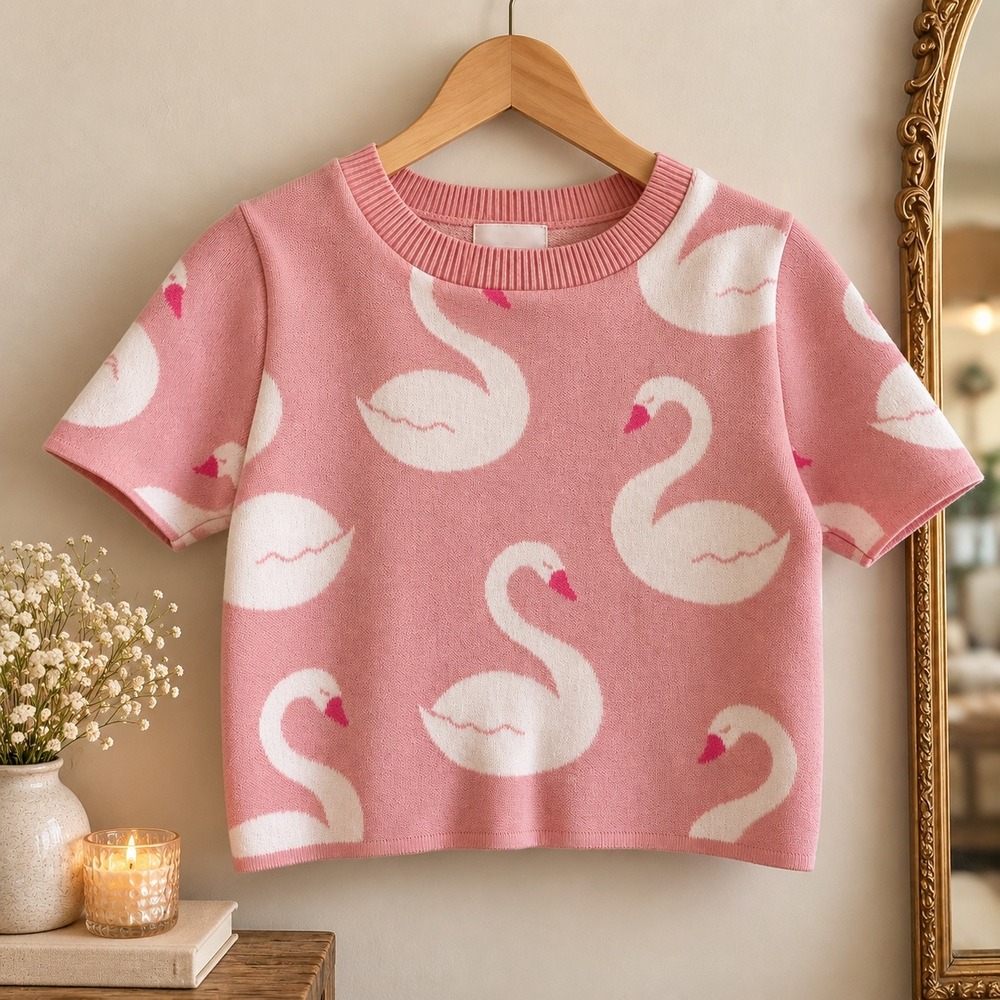 Debut Pink Swan Intarsia Knit Short Sleeve Crop Sweater Top Made in USA